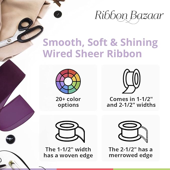 Ribbon Bazaar Sheer Organza Wired Ribbon - Wire Edged Ribbon for Floral Decor, Table Arrangements, Apparel Embellishment & More - 1-1/2" Purple 25yd Spool