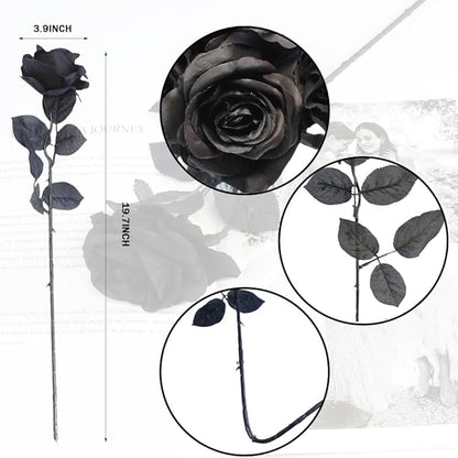 Black Roses Artificial Flowers, 12 Pcs Fake Rose in Bulk, Long Stem Realistic Silk Roses Bouquet for Centerpieces Flower Arrangement, Halloween Home Decor, Gothic Decoration (Black2, 12-PCS)
