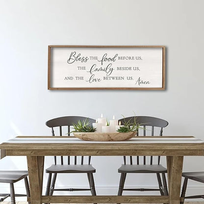 Bless the Food Before Us Wall Decor Sign 40" X 15" Dining Room Wall Decor Framed Wood for Large Farmhouse Vintage Prayer Catholic Kitchen Wall Hanging Scripture Bible Verse Art (Wood)