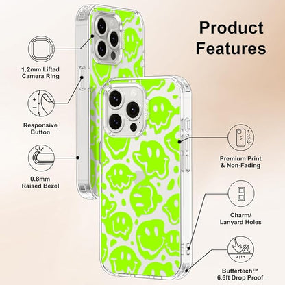 MOSNOVO Case for iPhone 15 Pro Max, [Buffertech 6.6ft Military-Grade Drop Protection] [Anti Peel Off Tech] Clear TPU Bumper Phone Case Cover Design - Distorted Green Smiles Face