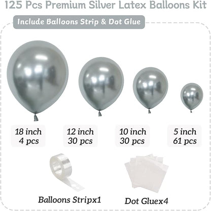 Silver Balloon Arch Kit, 125 Pcs Silver Balloons Different Sizes 18 12 10 5 Inch Metallic Silvers Balloons for Birthday Wedding Graduation Baby Shower New Year Party Decoration