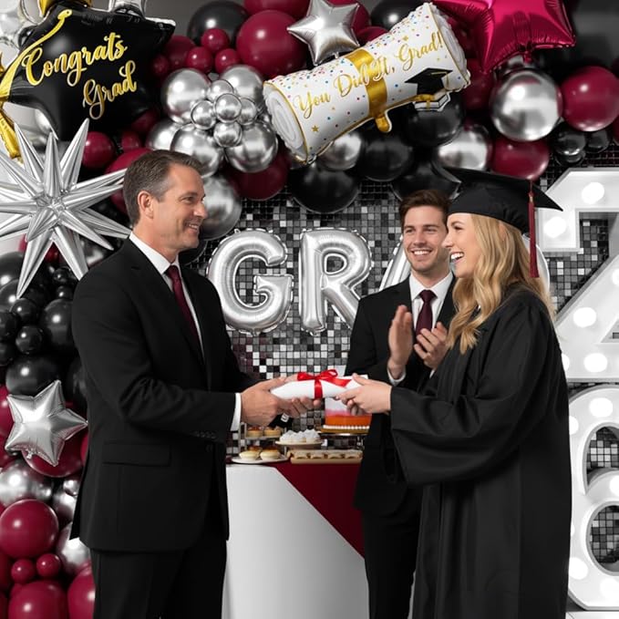 Graduation Balloons Garland Kit 153Pcs, Maroon Black Silver Balloon Arch Kit with GRAD Letters Grad Cap Diploma Balloon Burgundy Balloons Arch for Class of 2026 Graduation Birthday Party Decor