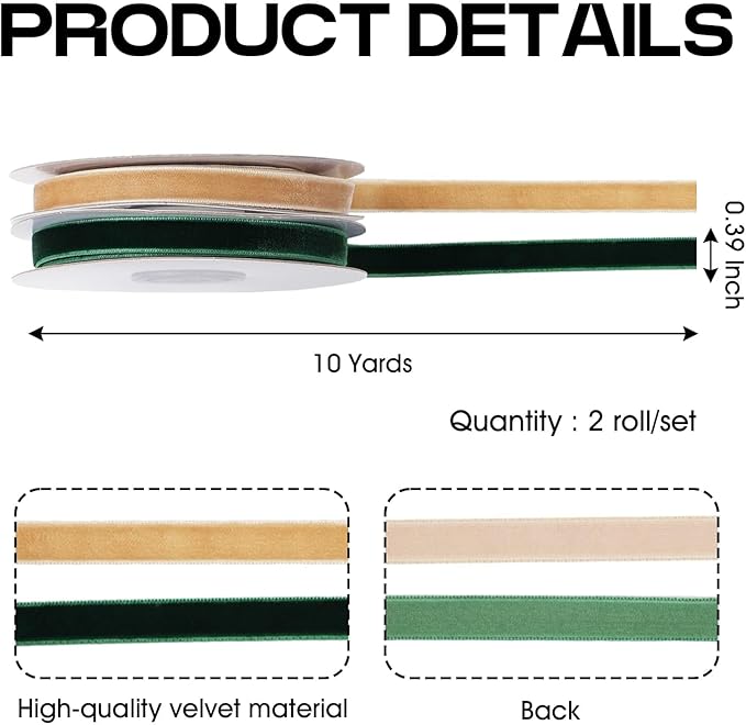 YKW Green Gold Velvet Ribbon Set, 2 Rolls 3/8 inch x 10 Yards Luxury Christmas Holiday Ribbon for Gift Wrapping, Elegant Crafts, Tree Decorations, Wedding