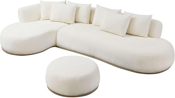 WILLIAMSPACE 134.63" Oversize Curved Sofa Cloud Couch with Round Chaise & Ottoman, Modern Upholstered Curved Sectional Sofa Couch with 6 Pillows for Living Room, No Assembly (Left-Facing,Cream White)