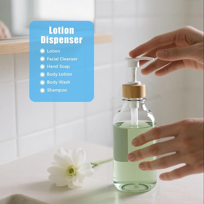 5 Pack Bamboo Bathroom Accessories Set with Tray - Plastic Soap Dispenser Clear Toothbrush Holder and 2 Qtip Holder Cotton Ball Container Jar