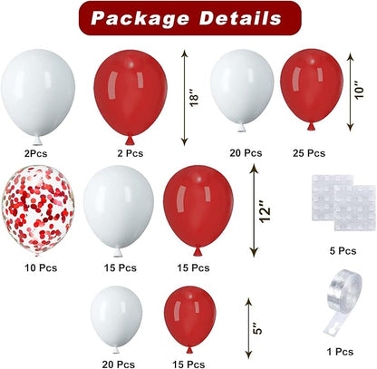 Red White Balloons Arch Kit, 124pcs Red and White Confetti Balloons with 16ft Tape Strip & Dot Glue for Graduation Birthday Baby Shower Wedding Party Decorations