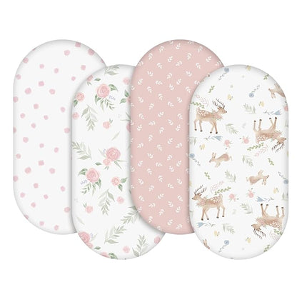 Gllquen Baby Bassinet Sheets 4 Pack, Breathable Cozy Fitted Mattress Sheet, Elastic Travel Crib Fashionable Floral Pattern, Standard Cradle Safe Sheets for Baby Boys Girls 32"x16"(Deer & Rose)
