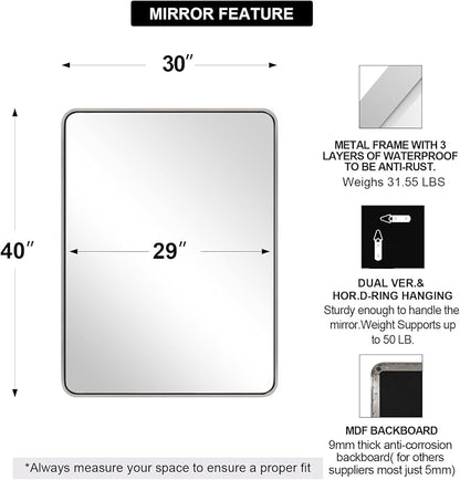 ANDY STAR 40”X30” Chrome Bathroom Mirror, Polished Chrome Bathroom Vanity Mirror, Rounded Rectangle Mirrors for Wall, SUS304 Anti-Rust Tube Metal Frame, Wall Mounted Horizontal/Vertical 1’’ Deep