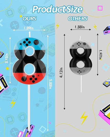 Number 8 Level Birthday Candles, 2.68 inch Gamer Candles, Red Blue Birthday Candles, Game Controller Gamepad Candles,Video Game Controller Themed Kids Boy Girl Party Supplies