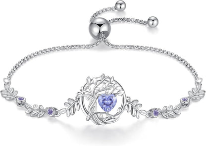 FANCIME Valentines Day Gift Tree of life Birthstone Bracelet for Women Sterling Silver Tree Jewelry Birthstone Charm Bracelet Gemstone Anniversary Birthday Gifts for Wife Mom Her