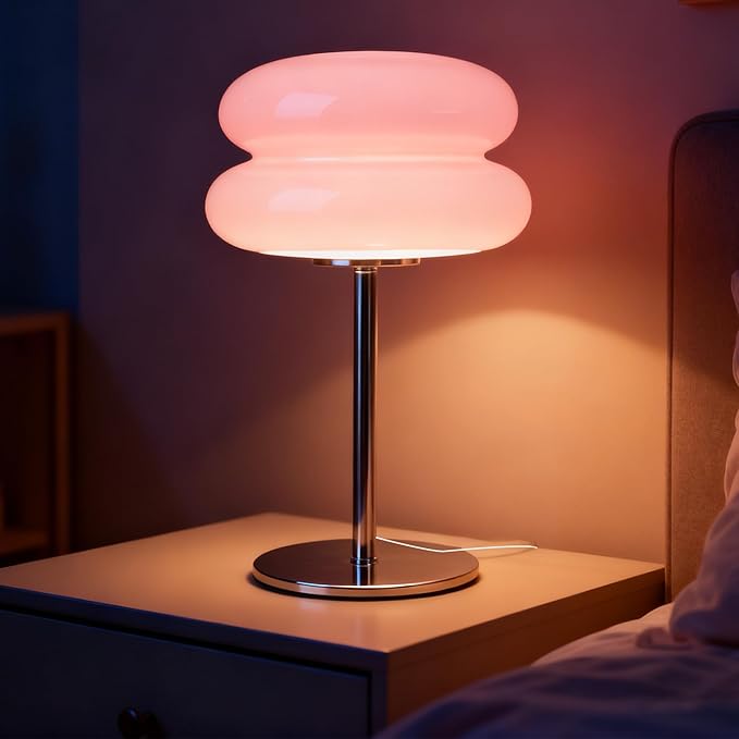 Table Lamp for Bedroom,Mid Century Modern Lamp for Nightstand, Dimmable Retro Egg Tart Bedside Small Lamps,Unique Home Mushroom Decor Aesthetic Cute Table Lamps nightstand lamp (Pink)
