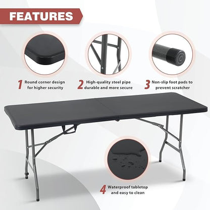 Folding Table 6 FT Heavy Duty Plastic Foldable Table with Carrying Handle for Garden Party Picnic Camping BBQ Dining Kitchen Wedding Market Events, Black