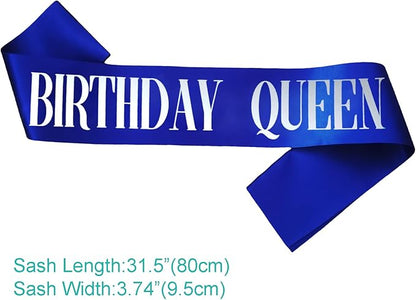 Birthday Queen Sash, Silver Foil Royal Blue Birthday Sash for Women 21st 30th 40th 50th 60th 70th Fun Birthday Party Favors Gifts Decorations