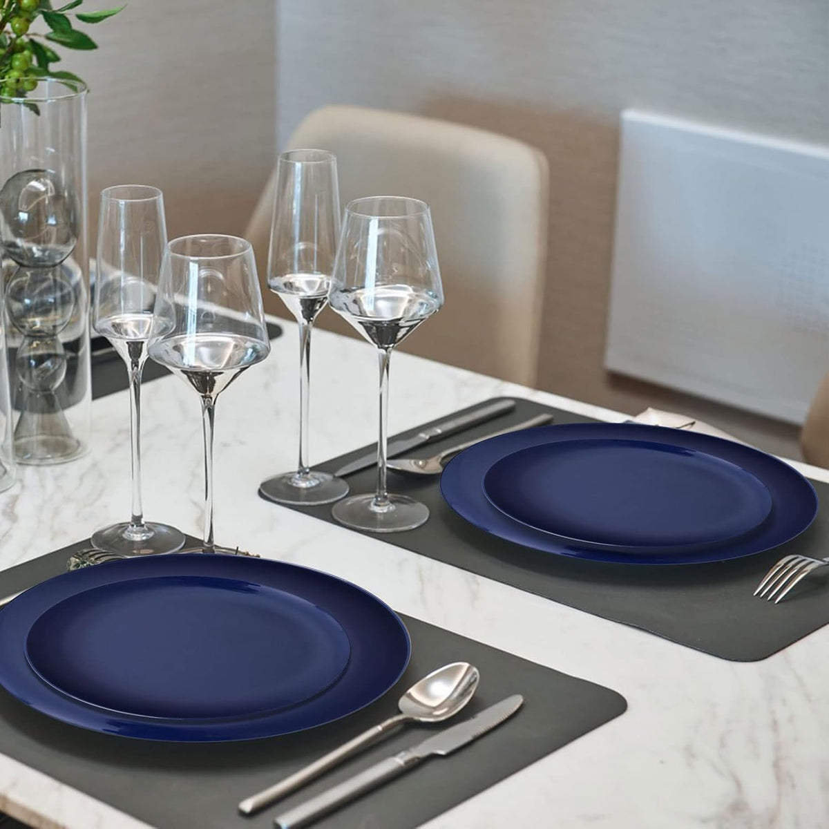 PULOTE 100PCS Blue Plastic Plates - Heavy Duty Navy Blue Disposable - Include 50PCS 10.25inch Dinner & 50PCS 7.5 inch Dessert/Salad Plates - Ideal for Party & Labor Day
