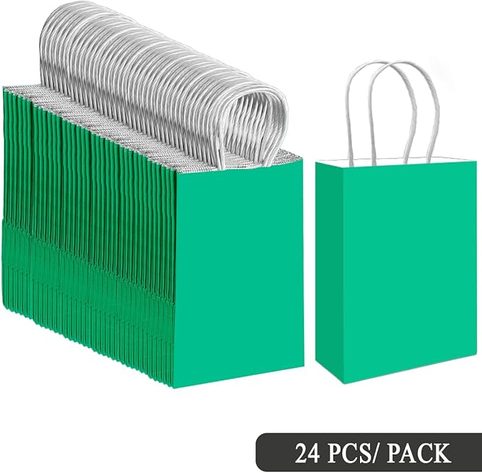qiqee 24PCS Small Gift Bag with Handles Bulk 8.3"x6"x3" Gift Bags Lake Green Bags Multiple Uses (Small Size)