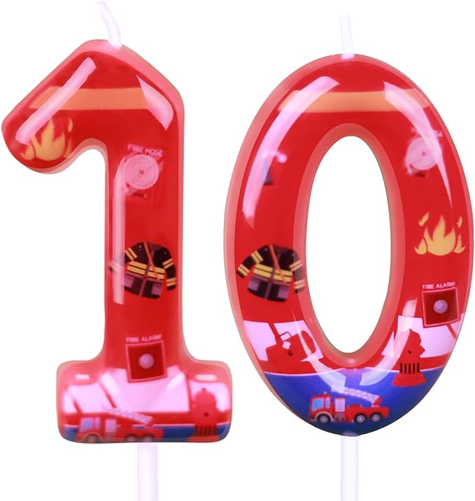 Number 10 Candle, Firetruck Fireman Cake Decoration, 10th Birthday Candle Birthday Party Supplies Firefighter Themed Cake Topper Decorations for Kids Boy Girl Party Decor (red, Number 10)