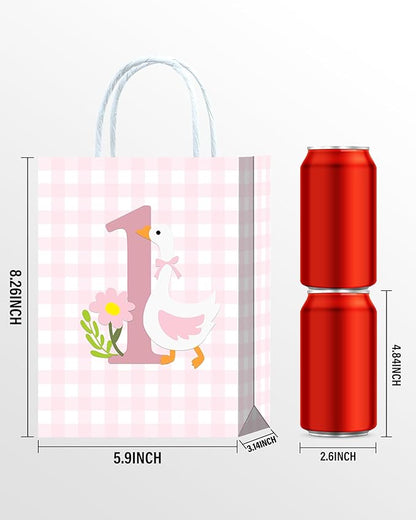 Roselush 16 Pcs Goose 1st Birthday Goodie Bag,Pink Gingham Goose 1st Bday Gift Snacks Treat Candy Party Favors Bags for Girls First Birthday Party Decorations Supplies