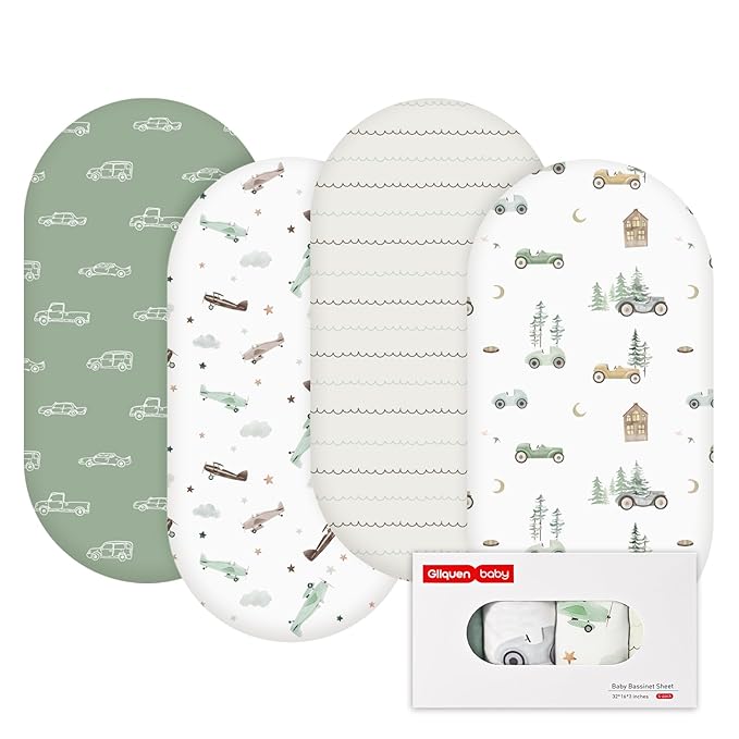 Gllquen Baby Bassinet Sheets 4 Pack, Breathable Cozy Fitted Mattress Sheet, Elastic Travel Crib Fashionable Pattern, Standard Cradle Safe Sheets for Baby Boys Girls 32"x16" (Car)