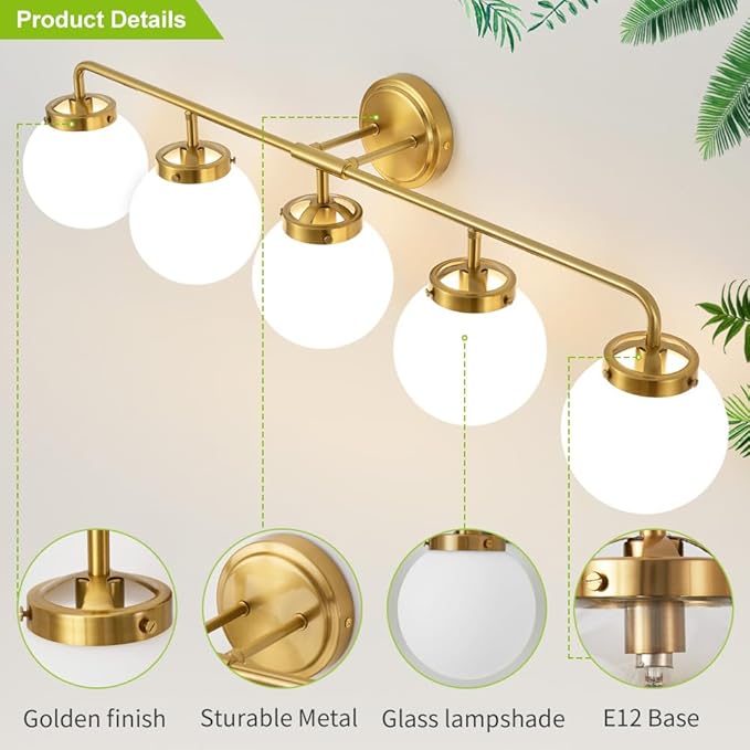 Bathroom Light Fixtures Gold Vanity Lights Over Mirror, Modern Wall Sconce Lighting 5-Light with White Glass Globe Shade