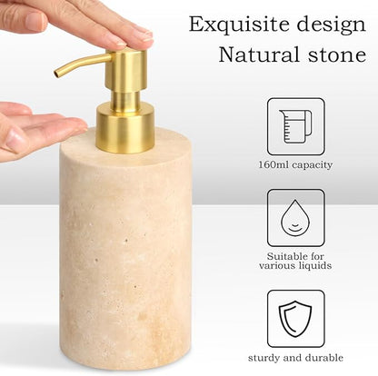 Natural Marble Soap Dispenser for Bathroom and Kitchen Countertop - 5.41 Ounces Hand Lotion and Liquid Stone Shampoo Laundry Bottle with Pump (1, Travertine, Cylindrical Bottle)