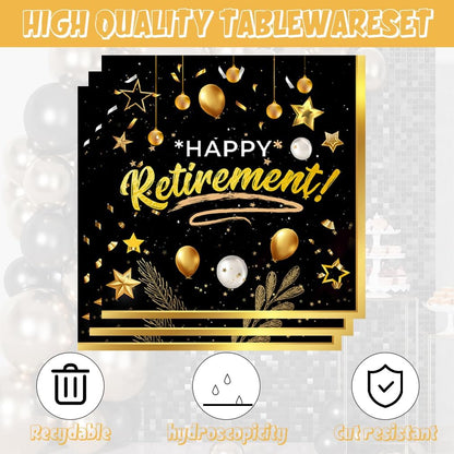 141pcs Retirement Party Decorations,Black Gold Party disposable tableware Includes Dinner Plate Dessert Plate Paper Napkin Cup Knife Fork Straws Tablecloth Black Gold Retirement Supplies set