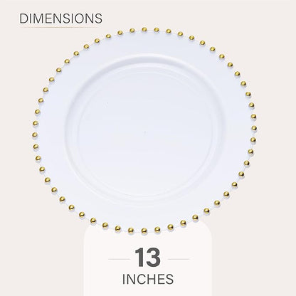 PLASTICPRO White with Gold Rim Plastic Charger Plates with Beaded Edge – Pack of 4 – 13" Elegant Round Disposable Chargers for Weddings, Events, Parties, and Dinners