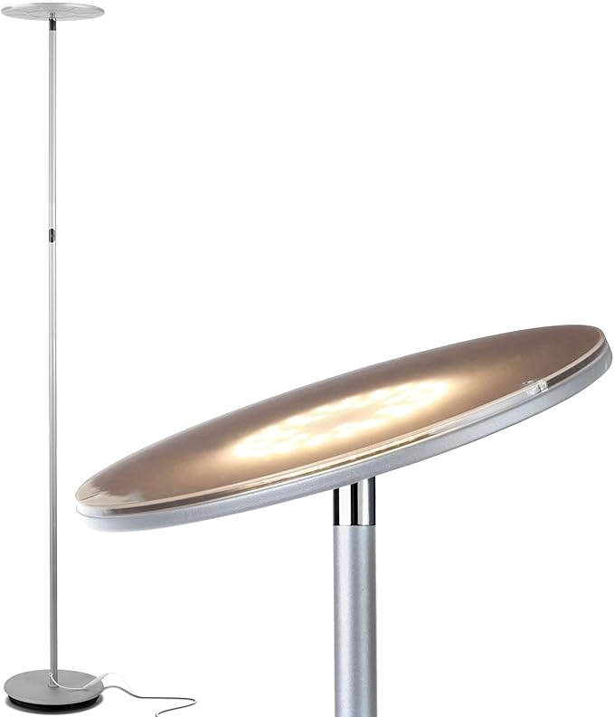 Brightech Sky LED Floor lamp, Torchiere Super Bright Floor Lamp for Living Room Decor & Office - Dimmable, Tall Standing Torch Lamp with Warm Light for Bedroom & Reading - Platinum Silver