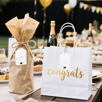 ASYEHJNR 100Pcs Blank Gift Tags with String Foil Black Gold Grad Cap Large Paper Gift Tags with 65 Ft Jute Twine for Congratulations Graduation Congrats Grad Class of 2025 Party
