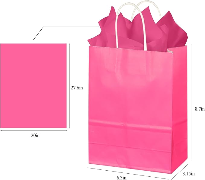 BLEWINDZ 32Pcs Small Paper Gift Bags with Tissues, Hot Pink Party Favor Bags with Handles, 8.7" Goodie Bag for Birthday, Shopping, Party Supplies