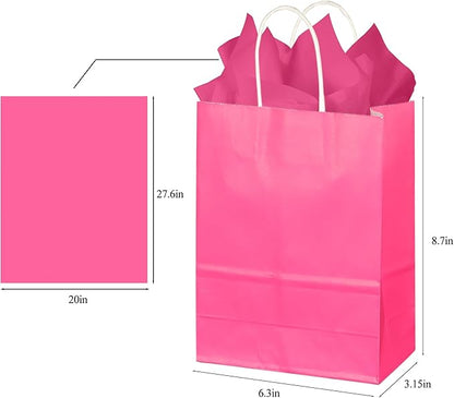 BLEWINDZ 32Pcs Small Paper Gift Bags with Tissues, Hot Pink Party Favor Bags with Handles, 8.7" Goodie Bag for Birthday, Shopping, Party Supplies