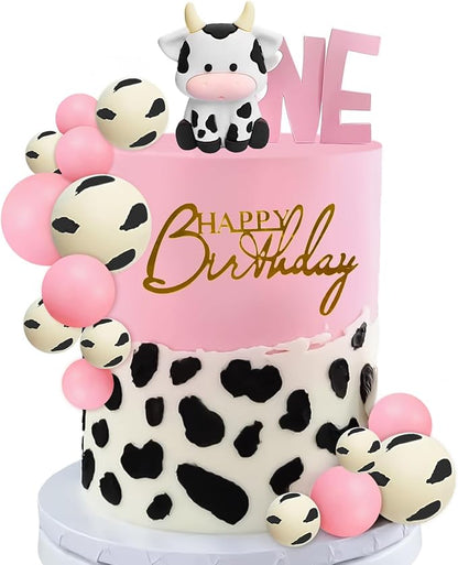 MEMOVAN Cow Cake Topper Farm Cake Topper Decorations with Cows Miniature Figurines Pearl Ball for Girl Cow Farm Theme Baby Shower Birthday Party Supplies-14pcs