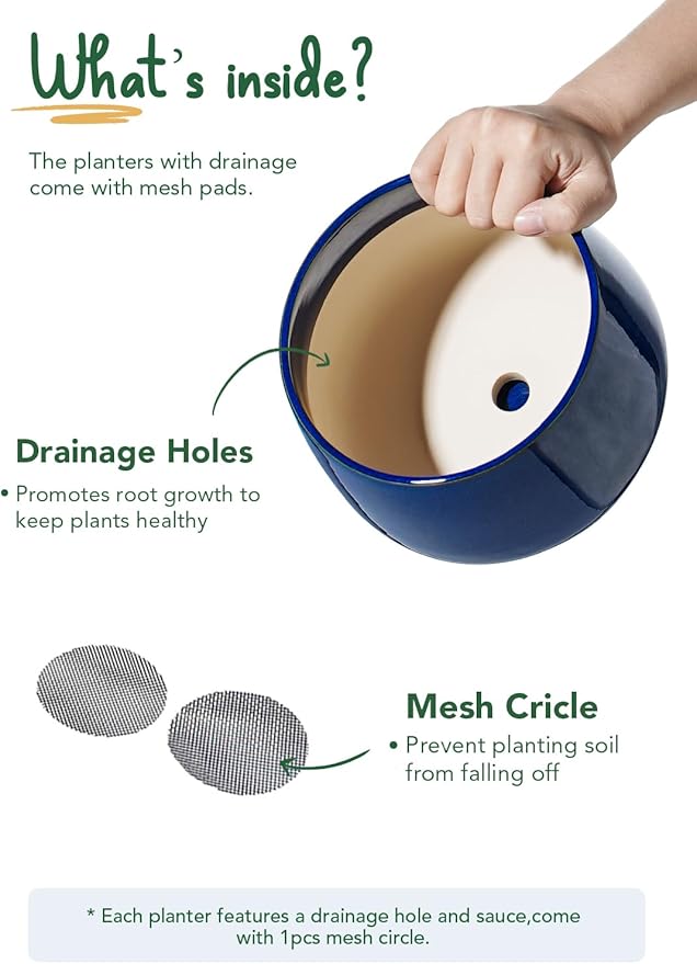 LE TAUCI Plant Pots, 4.1+5.1+6.5 inch, Set of 3, Ceramic Planters with Drainage Hole and Saucer, Indoor Flower Pot with Hole Mesh Pad, Gifts for Mom, Sapphire Blue