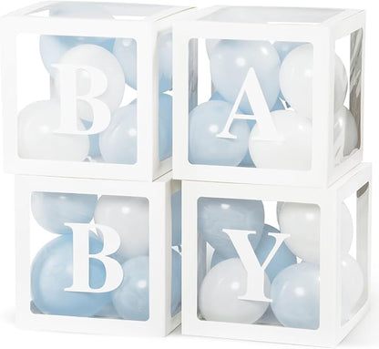 Voircoloria Baby Shower Decorations, 4pcs Transparent Balloon Boxes with Letters, Blue & White, Includes 36 Balloons & Adhesive Dots