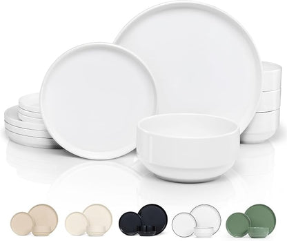 Ceramic Dinnerware Set, 12-Piece Service for 4, Soup Bowls (31.5 oz), Salad Plates (7.5"), Dinner Plates (10.5"), Round, Microwave and Dishwasher Safe, White, Cambridge Classics
