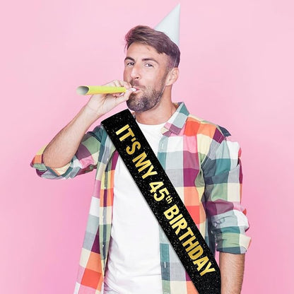 It's My 45th Birthday Sash for Men Women, Black Glitter Sash with Gold Foil