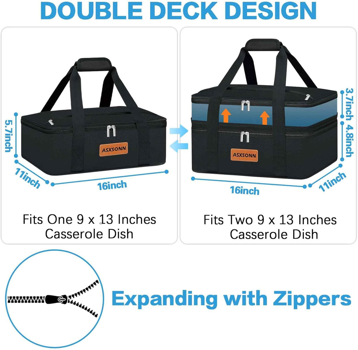 Double Decker Insulated Casserole Carrier for Hot or Cold Food, Expandable Insulated Food Carrier for Parties, Picnic, Beach, Fits 9"x13" Baking Dish (Black)