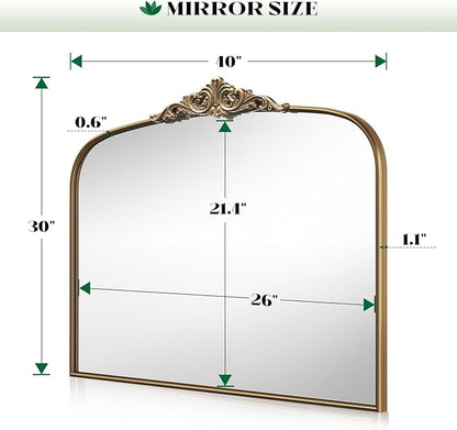 Arched Antique Gold Wall Mirror, 30" Lx40 W Vintage Mantel Bathroom Mirror Over Sink, Ornate Champagne Bronze Wide Large Arched Mirrors for Bedroom, Livingroom, Entryway, Fireplace