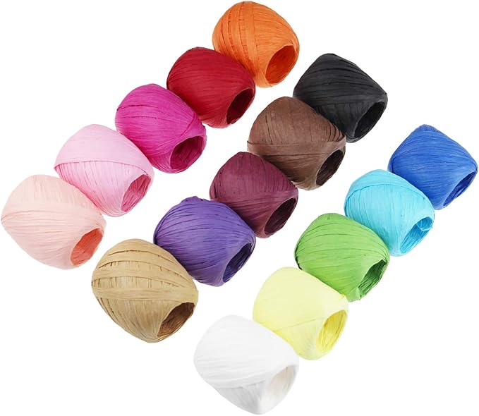 Raffia Paper Ribbon Twine Strings 15 Rolls 15 Colors Set for DIY Craft Gift Box Packing
