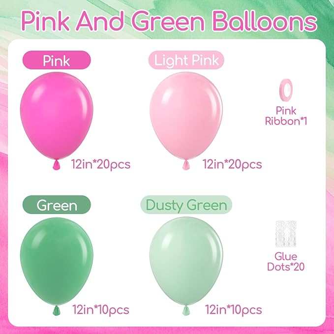 60pcs Pink and Green Balloons 12inch with Light Pink Dusty Green Balloons for Hawaiian Baby Shower Birthday Party Decorations