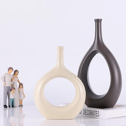 Brown White Vase Ceramic Off White Vases Home Decor,Modern Minimalist Circle with Hole Decorative Vase, Hollow Ellipse Flower vases for Bookshelf, Fireplace Mantle, Centerpieces,Farmhouse,Rustic Décor