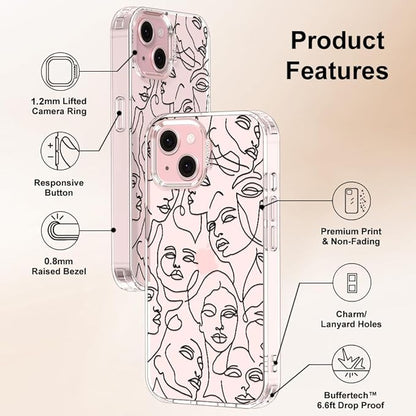 MOSNOVO Case for iPhone 15, [Buffertech 6.6ft Military-Grade Drop Protection] [Anti Peel Off Tech] Clear TPU Bumper Phone Case Cover Design - Abstract Face Line Art