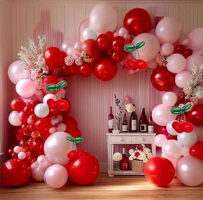 Red Pink Balloon Arch Double Stuffed Latex Pink White Pearl Balloons Red Green Long Balloon Garland for Cheery On Top Baby Shower Birthday Christmas Bridal Shower Garden Berry Party Decoration