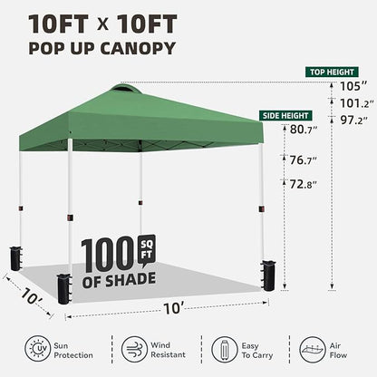 10x10 Pop Up Canopy Tent Waterproof Tent for Outdoor Party Camping Commercial Event Tent, with Wheeled Bag and 4 Sandbags (Green)