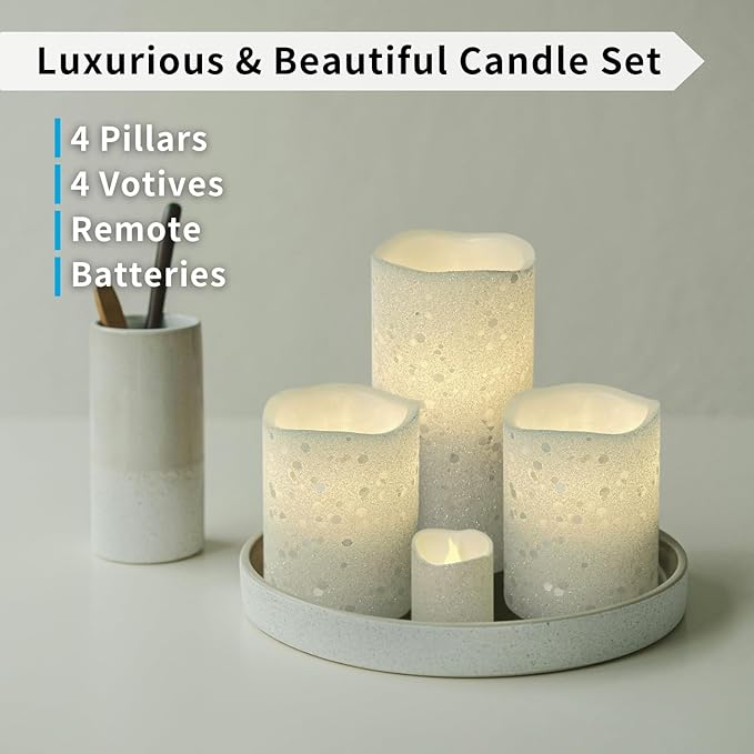 FURORA LIGHTING White Glitter Real Wax Flameless LED Candles with Remote & Timer (2/4/6/8 H), Battery Operated for Safety and Elegance, Pack of 8
