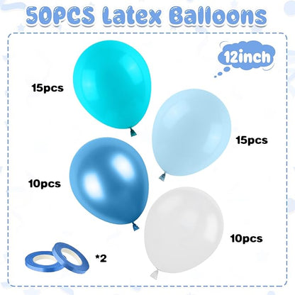 Teal Blue Balloons, 50PCS 12 Inches Turquoise Blue Pearl Latex Balloons With Metallic Confetti Balloon for Ocean Shark Sea Birthday Theme Party Decorations