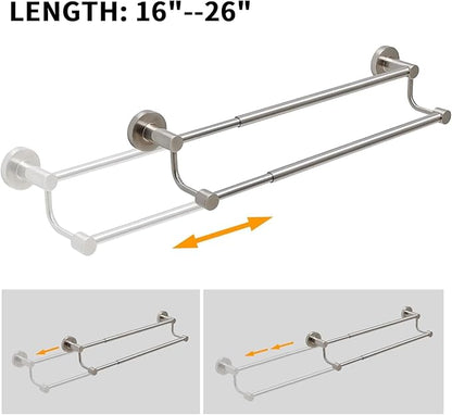 BESy Adjustable 16-26 Inches Double Bath Towel Bar for Bathroom SUS304 Stainless Steel Towel Holder, Hotel Style Wall Mount with Screws Hand Towel Bar Towel Rack Rod Hanger, Brushed Nickel Finish