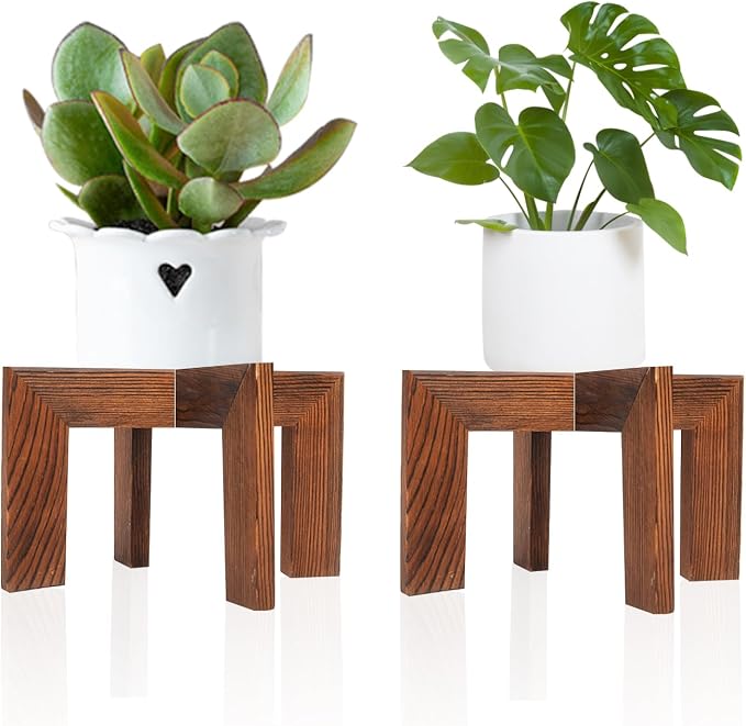 HPC DECOR 2 Pack Wood Plant Stand-Mid Century Modern Planter Stands-Wooden Flower Pot Stands Riser,Low Short Plant Stands Indoor-Modern Minimalist Wooden Stool for Plant Pot Holder, Fit 5-15 Inch Pot.