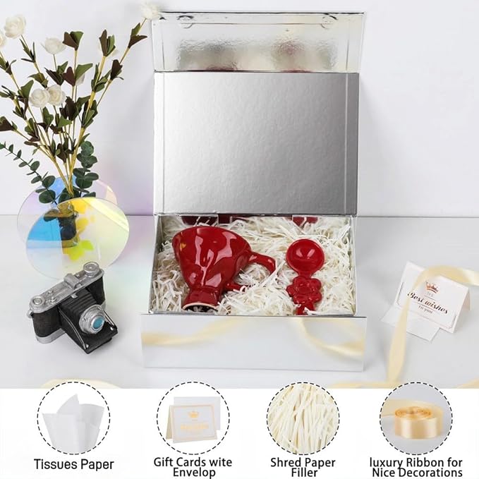 UoeRing 6 Pack Silver Gift Box 11.5x8x4 inch Luxury Gift Box for Presents with Magnetic Lid Collapsible,Bridesmaid Proposal,Contains Card, Ribbon, Tissue Paper,Shredded Paper Fille