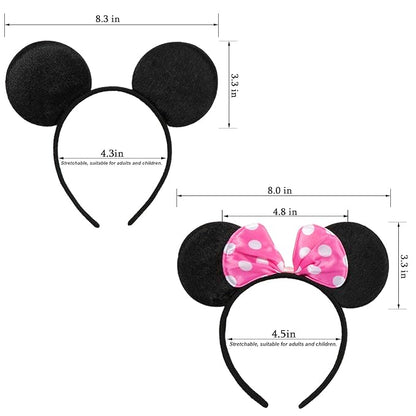 CHuangQi Mouse Ears Solid Black and Pink Bow Headband for Boys & Girls Birthday Party, Pack of 12