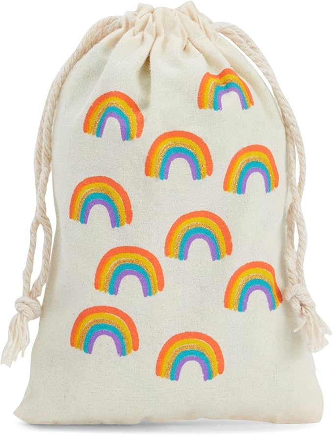 Juvale Rainbow Canvas Bags - 4 x 6 In, Pack of 12 - Mini Canvas Drawstring Bags for Kids & Party Favors - Rainbow Design